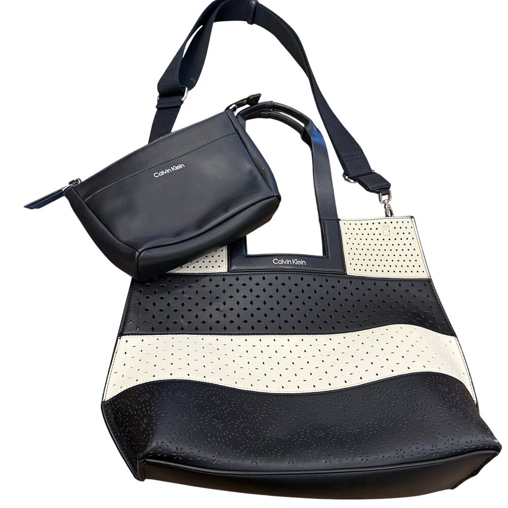 CALVIN KLEIN BETTE Tri-colored Perforated Pattern Striped Purse with Pouch, NWOT